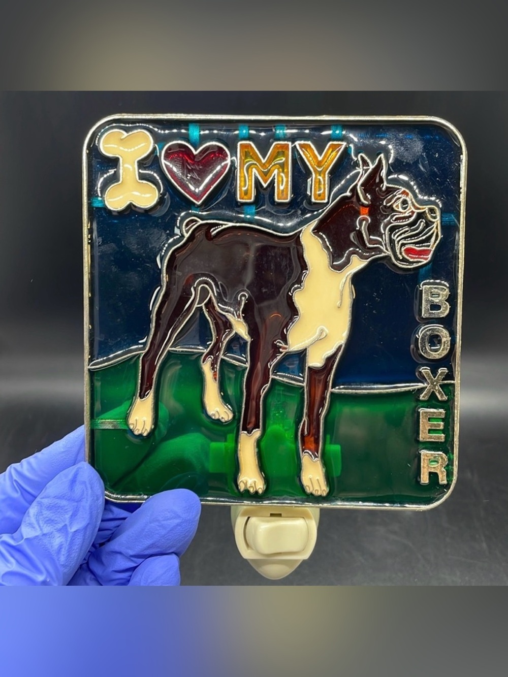 Vintage “I ❤️ My Boxer” Stained Glass Plug In Night Light – Made in USA